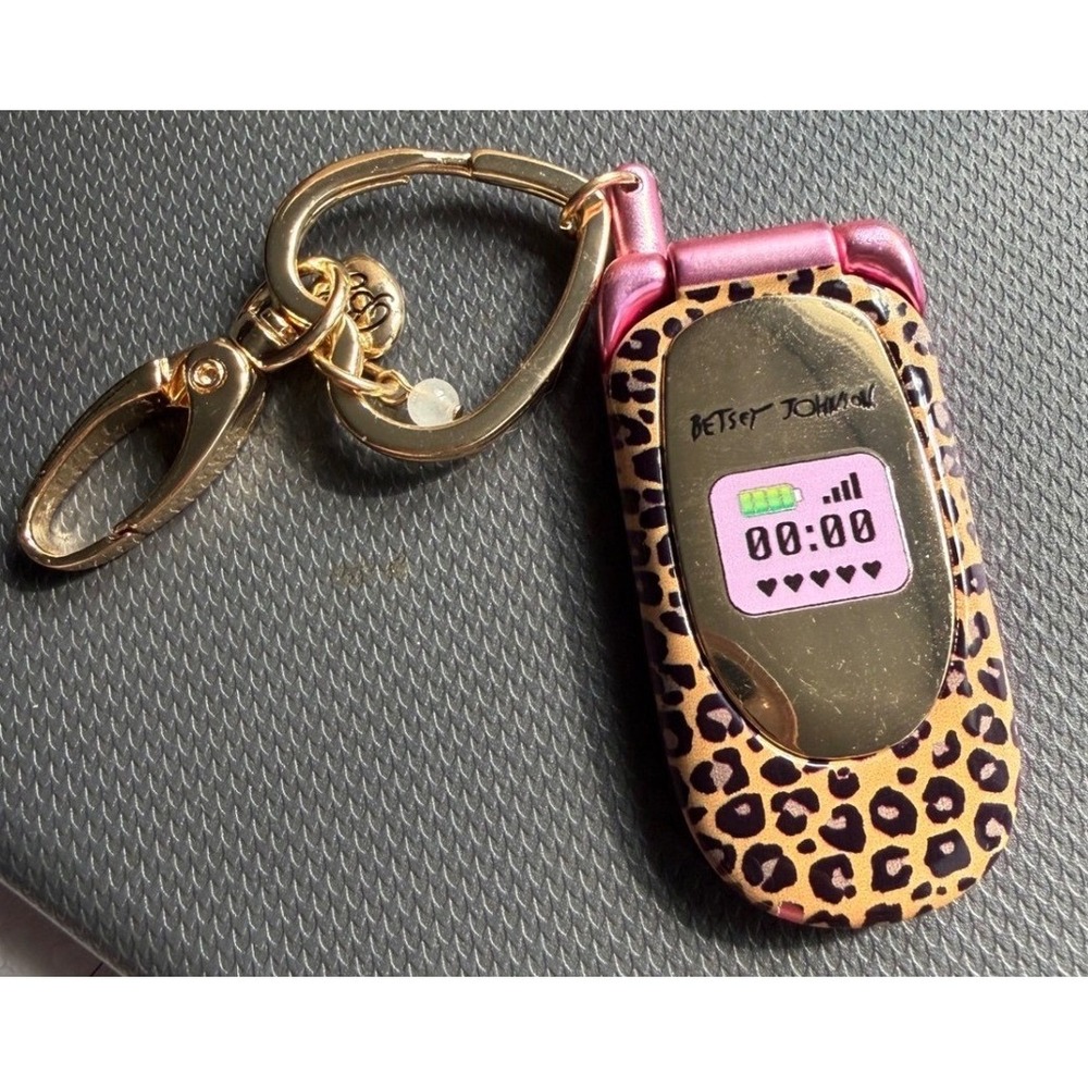 Betsey Johnson Pink Leopard Flip Phone Bag Charm Keychain Y2K Retro